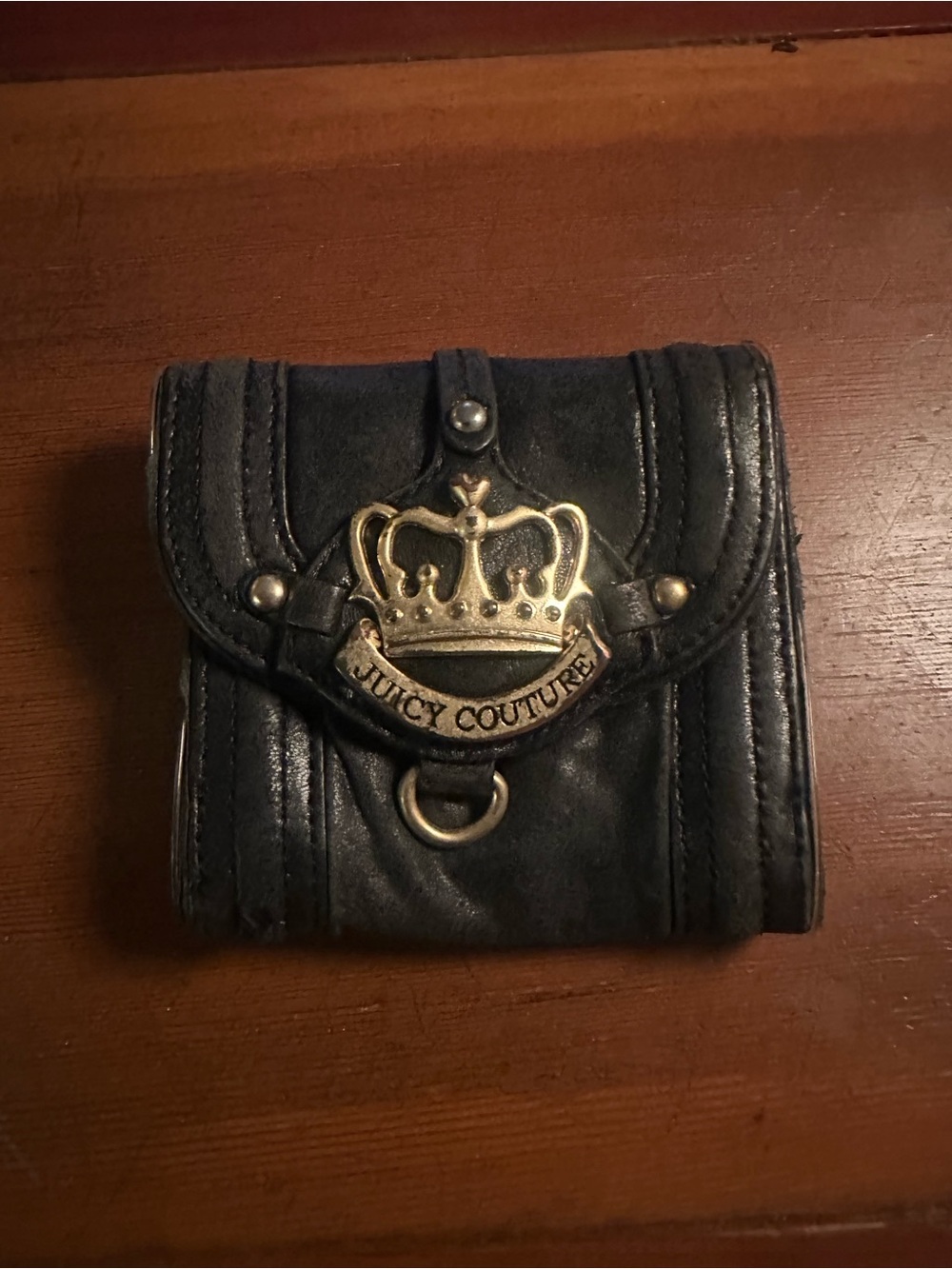 Juicy Couture Black Leather Key & Card Pouch with Gold Crown Emblem